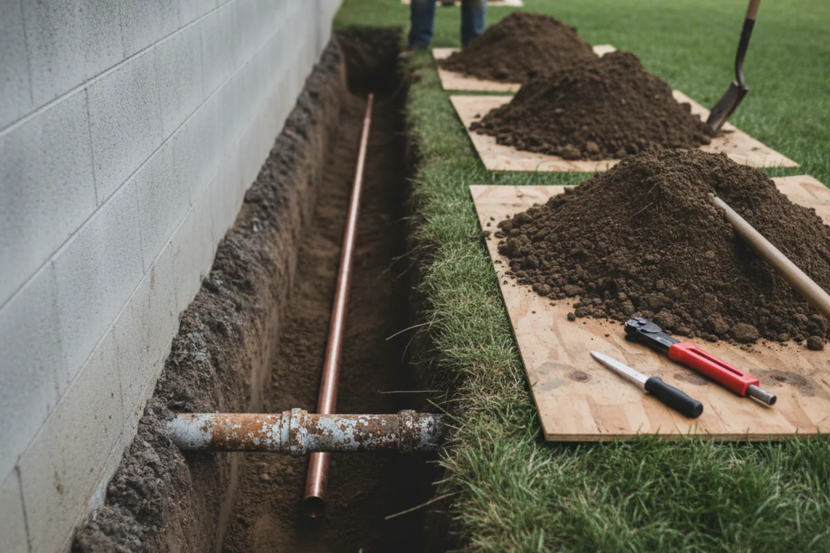 Excavated water line trench during Water Heater Repair in Waco